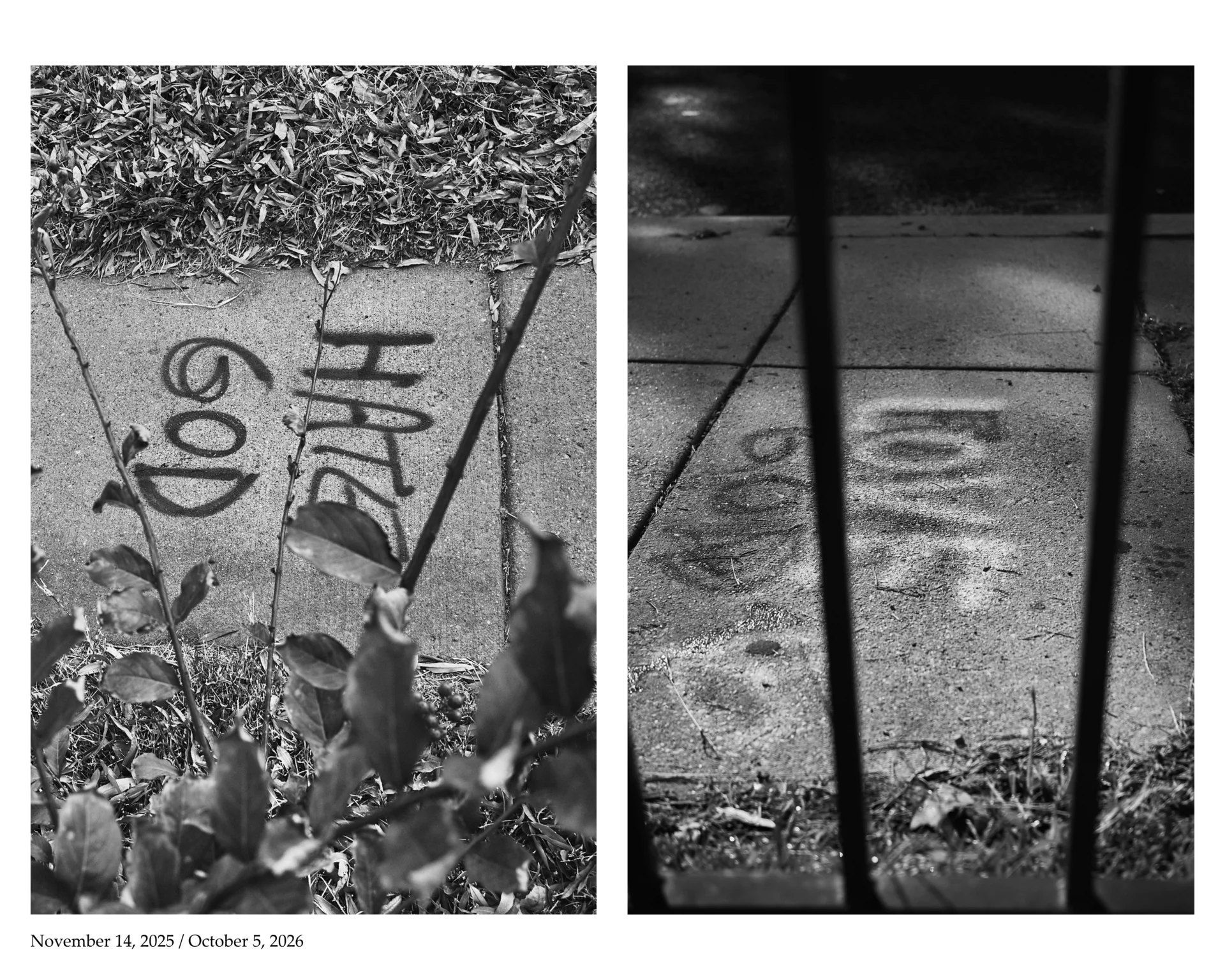 Two images side by side showing the same angle. The left image shows the words "Hate God" graffitied on the sidewalk. The right image shows the words "Love God." The date at the bottom reads "November 14, 2025 / October 5, 2026"